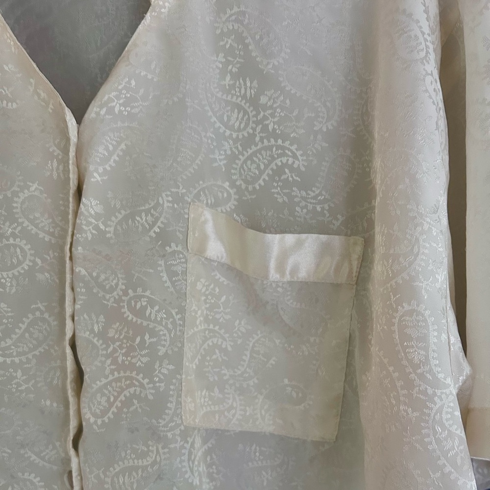 VINTAGE 90S LA NUIT Ivory Satin Jacquard Button Down Shirt Loungewear Top L / XL - Picture 7 of 14